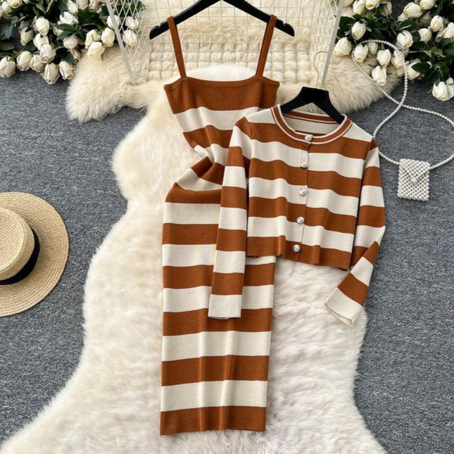 Striped Cardigan Coat Two-piece Dress for Women Vintage Charm Elegant Temperament Slimming Effect Sexy Form-fitting Maxi Dress