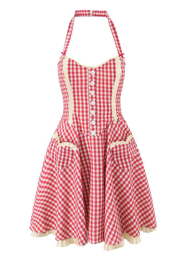 Plaid Print Red Color Back Hollow Out Buttons up Casual Fashion Mini Cotton Halter Dress for Women