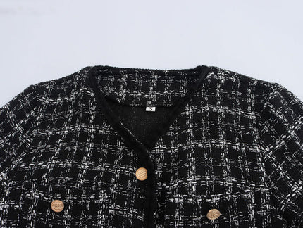 V Neck Plaid Pattern Long Sleeve Single Breasted Black Color Jacket Mini Skirt Casual Fashion Women 2 Piece Set