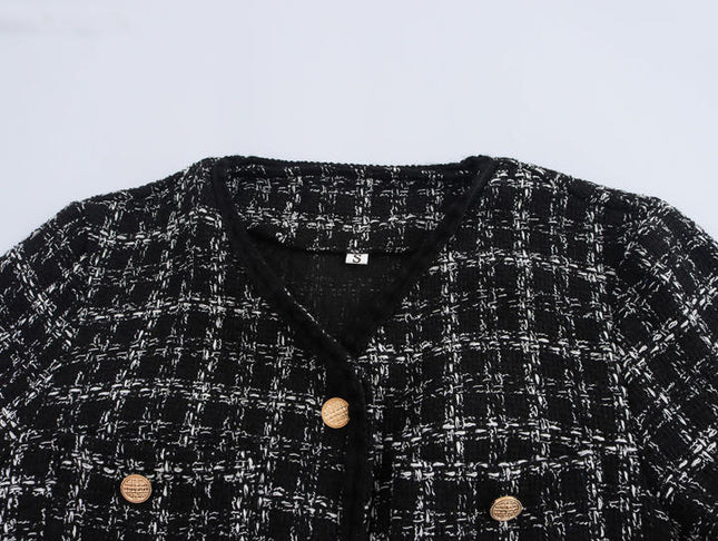 V Neck Plaid Pattern Long Sleeve Single Breasted Black Color Jacket Mini Skirt Casual Fashion Women 2 Piece Set