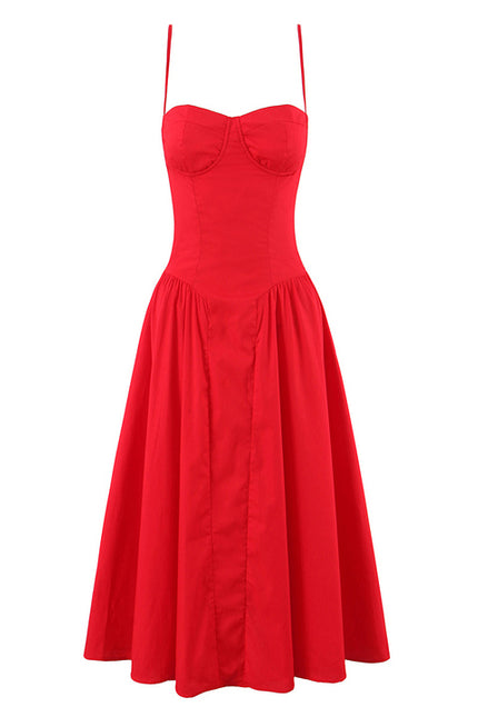 Spaghetti Strap Red Color Zipper Fly Hot Sale Casual Fashion Long Cotton slip Dress for Women