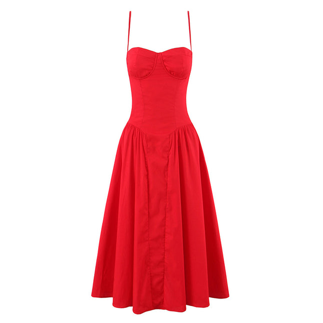 Spaghetti Strap Red Color Zipper Fly Hot Sale Casual Fashion Long Cotton slip Dress for Women