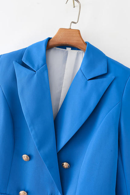 Blue Color Double Breasted Long Sleeve Notched Collar Casual blazer Jacket for Women