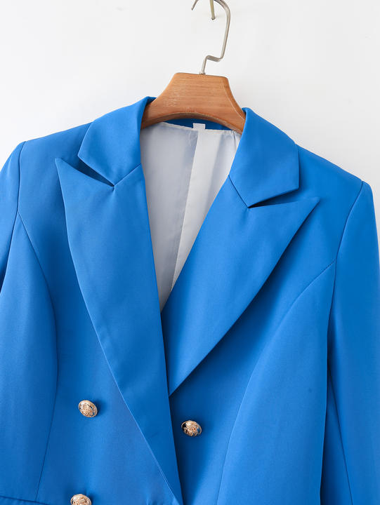 Blue Color Double Breasted Long Sleeve Notched Collar Casual blazer Jacket for Women