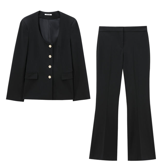 Black Color Single Breasted Long Sleeve Crew Neck Casual Fashion Jacket for Women