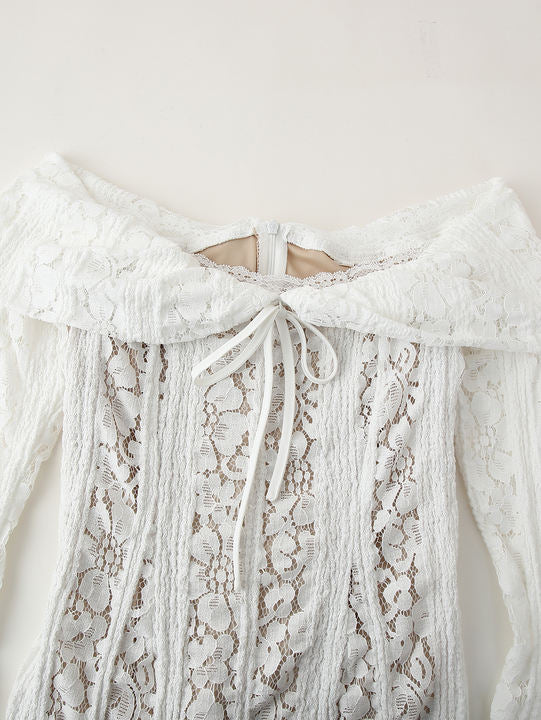 Slash Neck Long Sleeve Floral Lace White Color Casual Fashion Mini Dress for Women