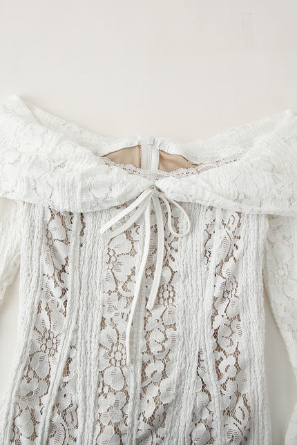 Slash Neck Long Sleeve Floral Lace White Color Casual Fashion Mini Dress for Women
