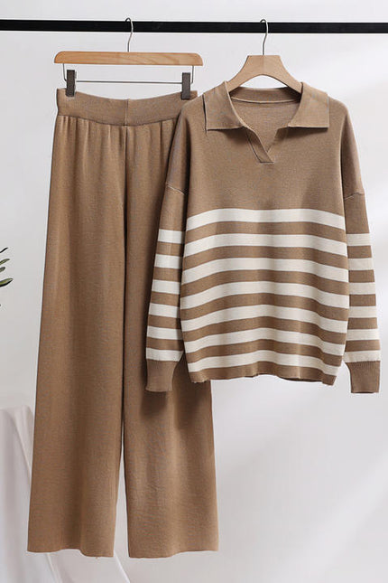 Wholesale New Knitting Suit Polo Collar Striped Sweater Set Loose Casual Top and Pants Sets Fashion Two-piece Set for Women