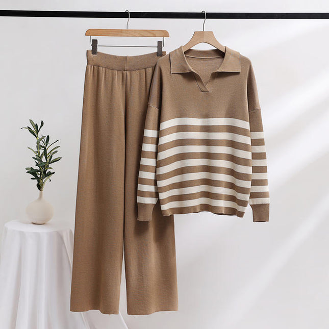 Wholesale New Knitting Suit Polo Collar Striped Sweater Set Loose Casual Top and Pants Sets Fashion Two-piece Set for Women
