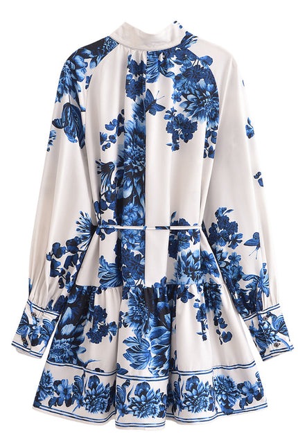 Turn Down Collar Floral Print Beige Blue Color Sashes Casual Fashion Mini Dress for Women