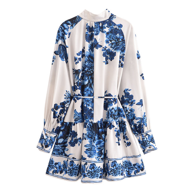 Turn Down Collar Floral Print Beige Blue Color Sashes Casual Fashion Mini Dress for Women