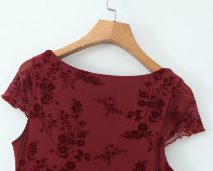 Square Collar Short Sleeve Burgundy Color Front Lace up Casual Fashion Summer Mini Dress for Women