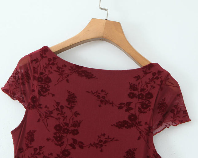 Square Collar Short Sleeve Burgundy Color Front Lace up Casual Fashion Summer Mini Dress for Women