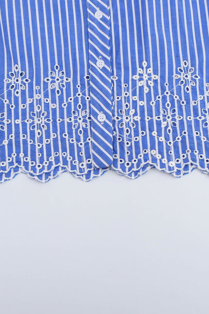 Embroider Eyelet Blue Color Long Sleeve Buttons up Turn Down Collar Casual Fashion Tops Blouse for Women