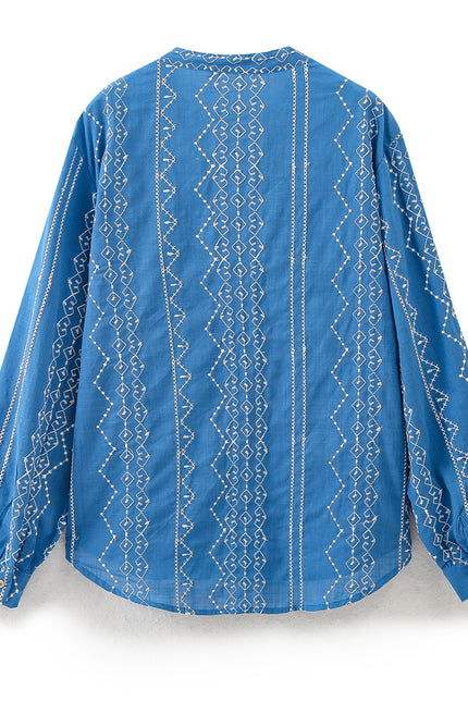 V Neck Blue Color Embroidery Buttons up Long Sleeve Casual Fashion Tops Blouse for Women