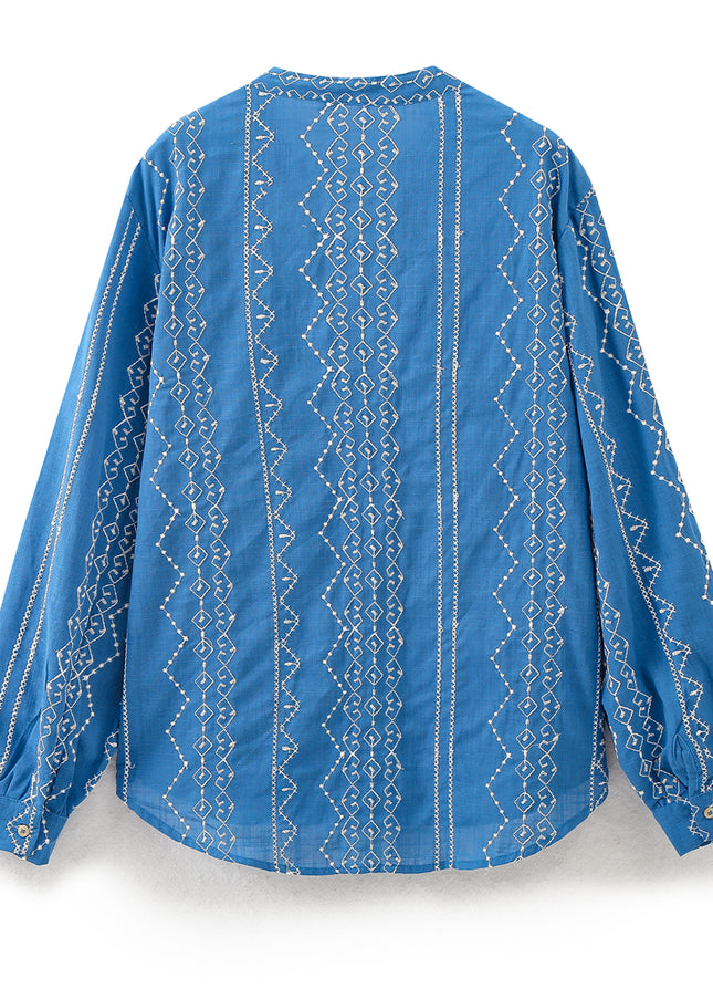 V Neck Blue Color Embroidery Buttons up Long Sleeve Casual Fashion Tops Blouse for Women