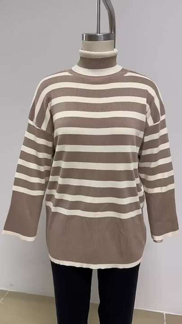 Women's Turtleneck Striped Pullover Sweater Large Size Loose Casual Knit Top Street Wear Long Sleeve Fashion Basic Sweater