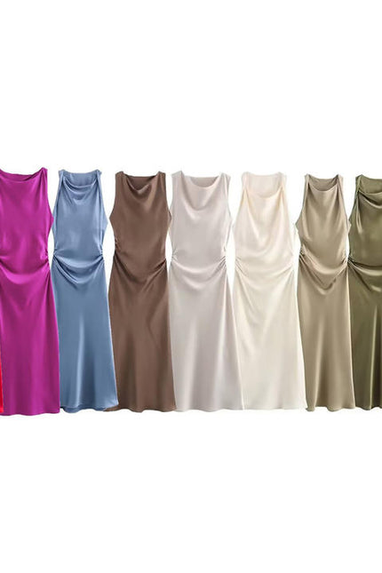 9 Colorway Solid Color Sleeveless Pleated Silky Casual Fashion Summer Dress for Women