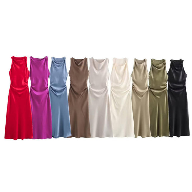9 Colorway Solid Color Sleeveless Pleated Silky Casual Fashion Summer Dress for Women