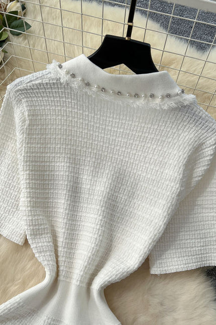 Boutique Sexy V-neck Knitted Dress Summer Dress Women's Casual Elegant Short Sleeved Button Knitted Dress