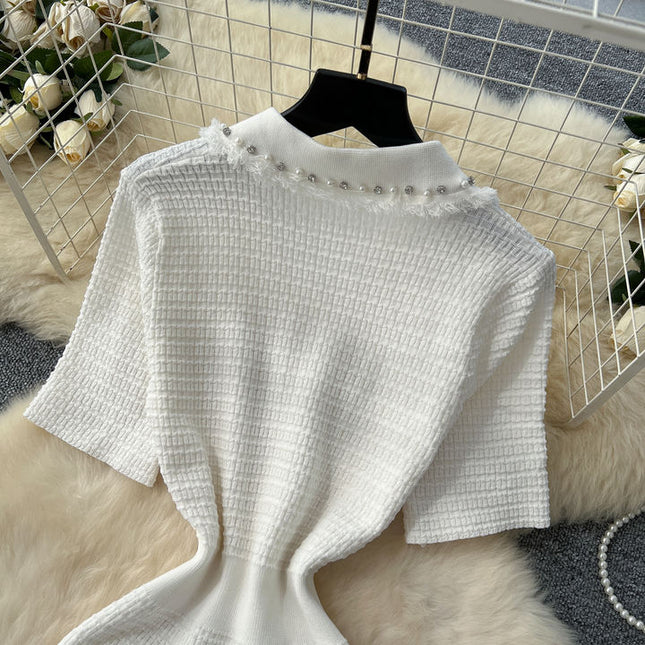 Boutique Sexy V-neck Knitted Dress Summer Dress Women's Casual Elegant Short Sleeved Button Knitted Dress