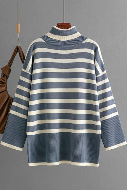 Women's Turtleneck Striped Pullover Sweater Large Size Loose Casual Knit Top Street Wear Long Sleeve Fashion Basic Sweater