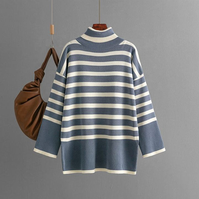 Women's Turtleneck Striped Pullover Sweater Large Size Loose Casual Knit Top Street Wear Long Sleeve Fashion Basic Sweater