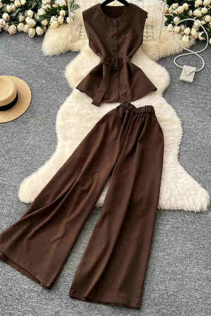 Round Neck Sleeveless Vest Women High Waist Casual Wide Leg Pants Summer Two Piece Suit
