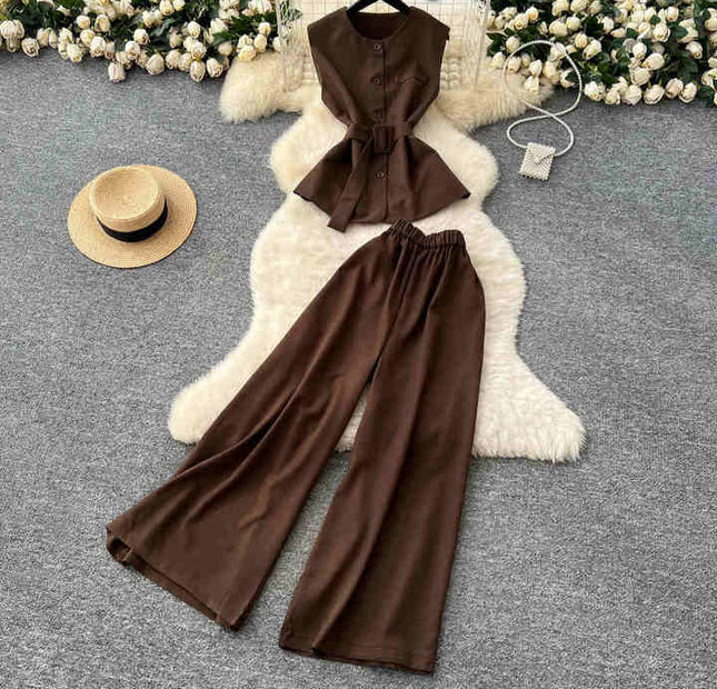 Round Neck Sleeveless Vest Women High Waist Casual Wide Leg Pants Summer Two Piece Suit