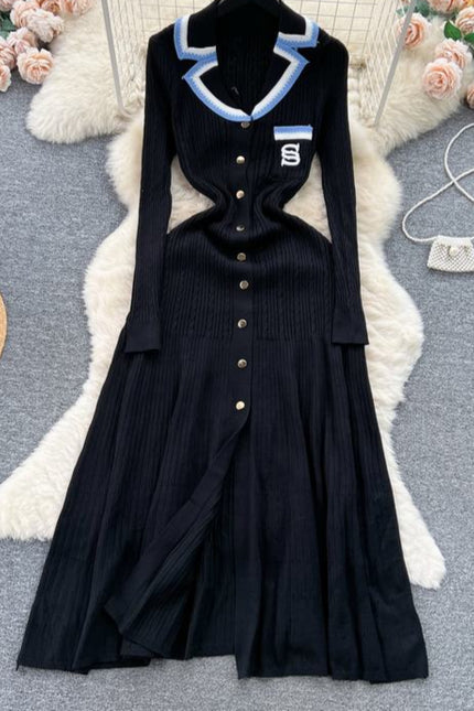 V-neck Women Knitted Spring Autumn Elegant Long Sleeve Ladies Fashion Maxi Dresses