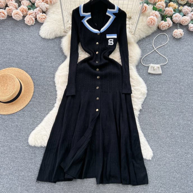 V-neck Women Knitted Spring Autumn Elegant Long Sleeve Ladies Fashion Maxi Dresses