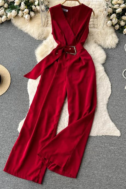 V-neck Solid Casual Long Jumpsuits Autumn Jump Suits Ladies Elegant Overalls One Piece Wholesale