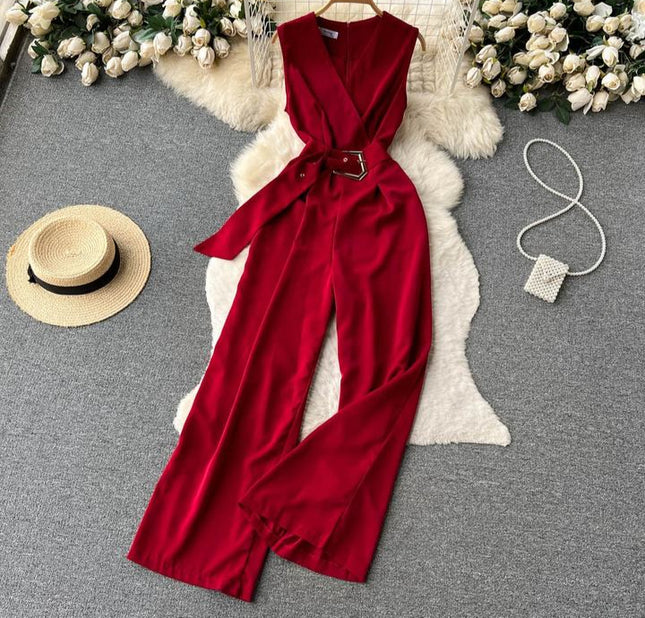 V-neck Solid Casual Long Jumpsuits Autumn Jump Suits Ladies Elegant Overalls One Piece Wholesale