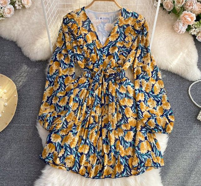 Autumn V-Neck Ruffled Long Sleeve Waisted A-Line Floral Pleated Casual Dresses