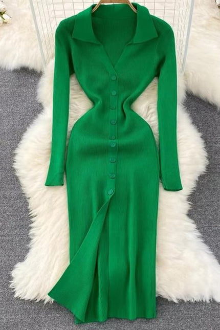 Spring and Autumn V-neck Women's Long Sleeve Knit Split Tight Dresses