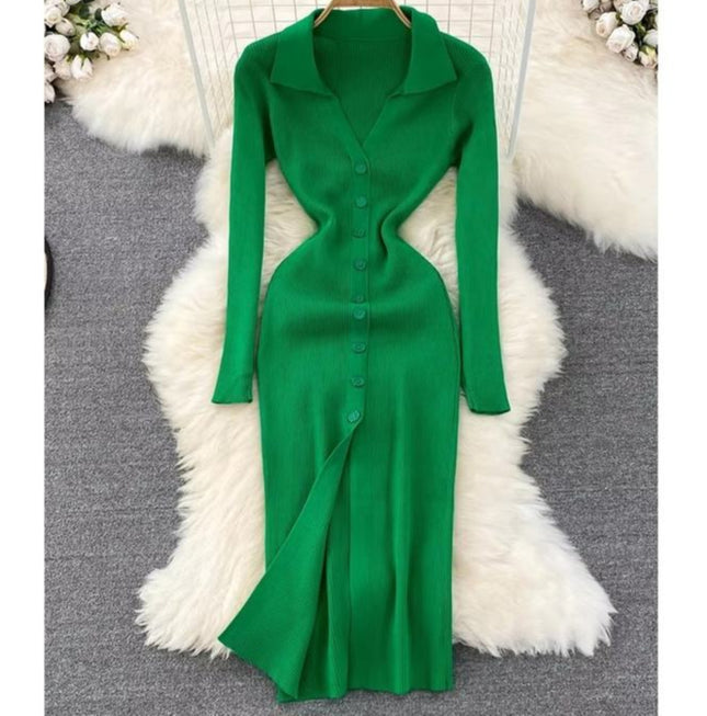 Spring and Autumn V-neck Women's Long Sleeve Knit Split Tight Dresses