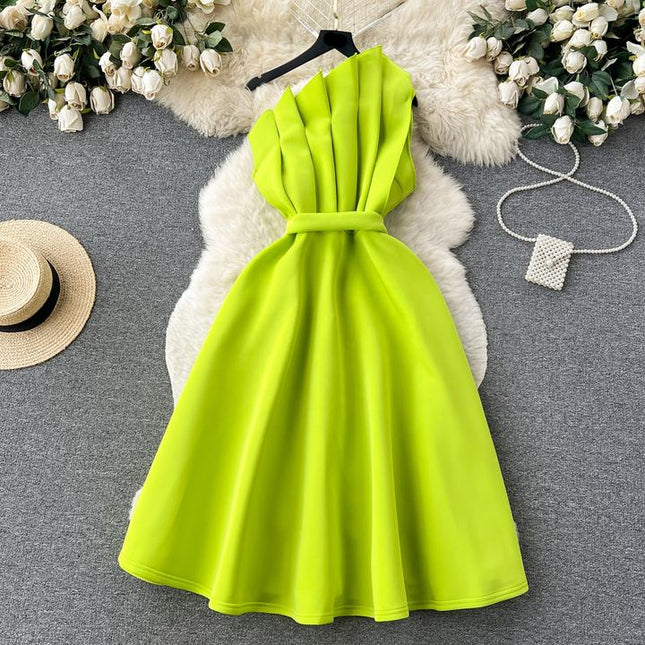 Wholesale Summer Temperament Backless Oblique Neck Single Shoulder Slim Slim Sleeveless Air Layer A-line Dress