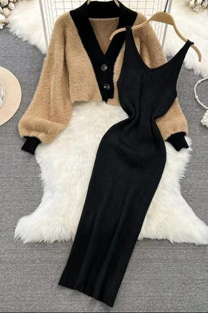 Autumn Winter Fashion New High Quality Long Sleeve Knitted Cardigan Sweater Vest Dress Set Women