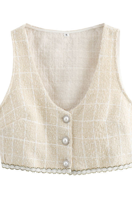 V Neck Single Breasted Vest Waistcoat Beige Color Plaid Pattern Long Pants Women Casual 2 Piece Set