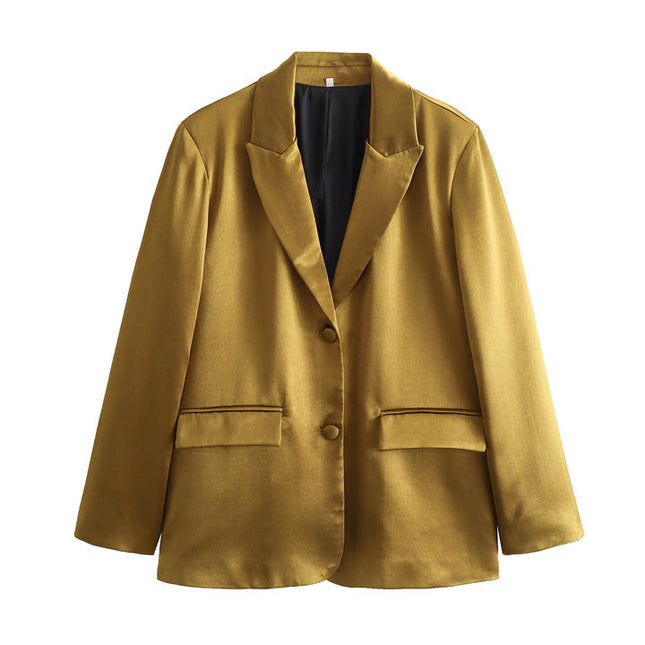 Single Breasted Gold Color Long Sleeve Notched Collar Casual Fashion Blazers for Women