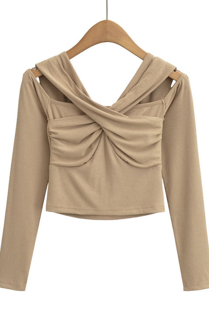 4 Colorway Solid Color Long Sleeve Hollow Out Casual Fashion Women Knit Crop t Shirt