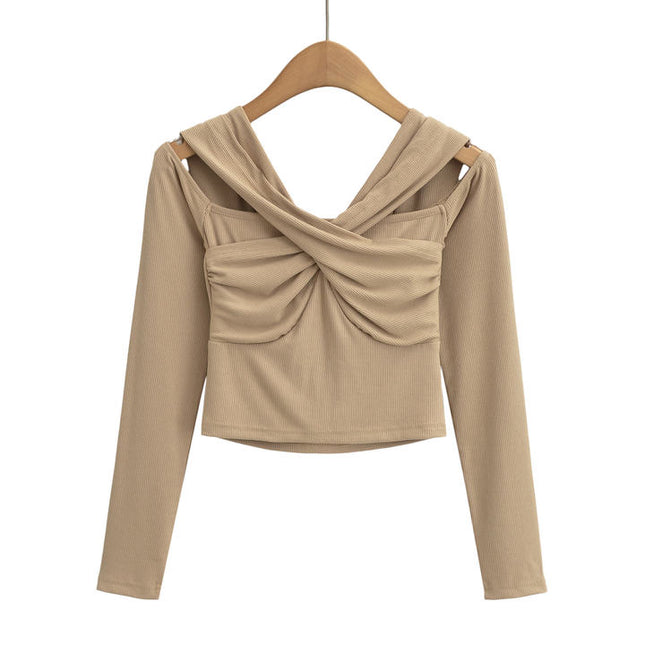 4 Colorway Solid Color Long Sleeve Hollow Out Casual Fashion Women Knit Crop t Shirt