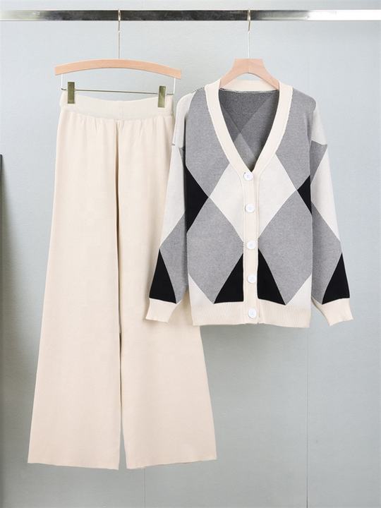 Autumn Fashion Loose Casual Knitted Cardigan Set Wide Leg Trousers and Knitted Cardigan Two-piece Set Female