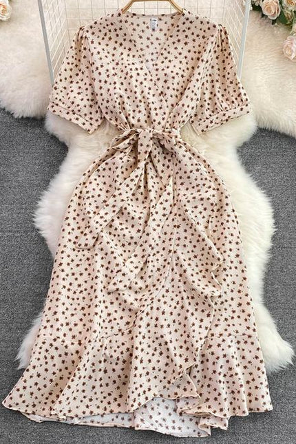 Fashion Small Fresh V-Neck Bubble Short Sleeve Waist Shrink Slimming A-Line Flounce Floral Dress