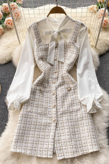 Roupas Outono Top de Manga Longa das mulheres Lace-up Branco Camisa Xadrez Retro Single-breasted Vestido Suspender Two-piece Set Vestido