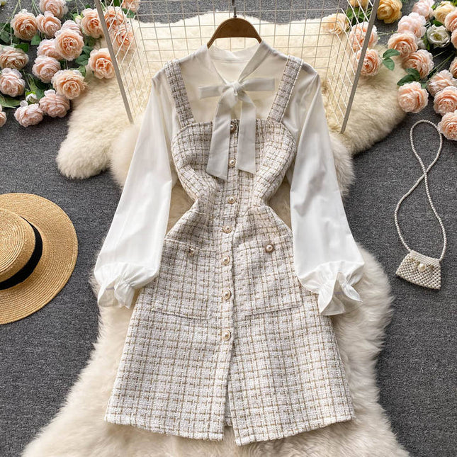 Roupas Outono Top de Manga Longa das mulheres Lace-up Branco Camisa Xadrez Retro Single-breasted Vestido Suspender Two-piece Set Vestido