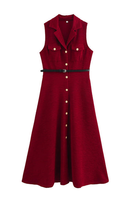 Notched collar sleeveless sashes red color casual fashion maxi summer dress for women