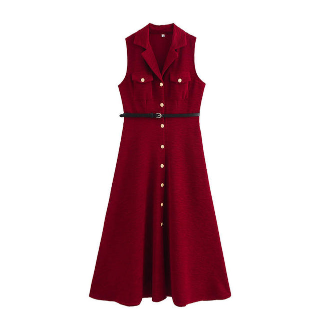 Notched collar sleeveless sashes red color casual fashion maxi summer dress for women
