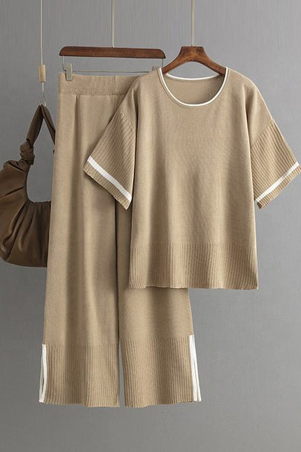 Women's New Fashion Casual Suit Color Contrast Short Sleeve Wide Leg Pants Long Pants Slit Two-piece Set