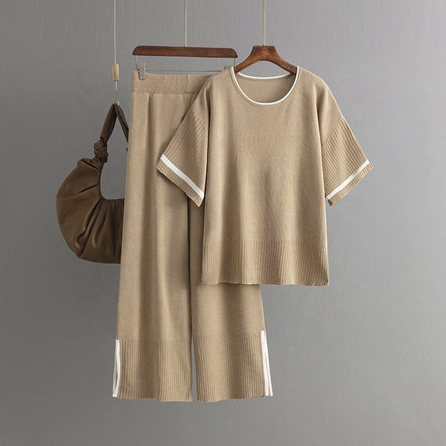 Women's New Fashion Casual Suit Color Contrast Short Sleeve Wide Leg Pants Long Pants Slit Two-piece Set